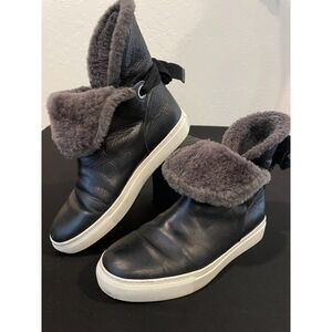 ~ M. Gemi Gia Leather Shearling Black Boots 40 Bow, Foldover Ankle 9 Chelsea